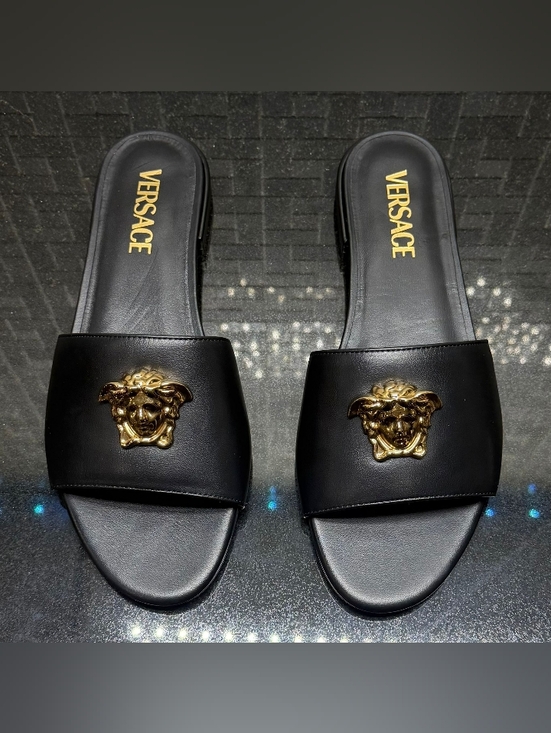 Versace Shoes - Versace Medusa Slide Sandals Black Leather Gold Logo Womens EU 38 US 8 New